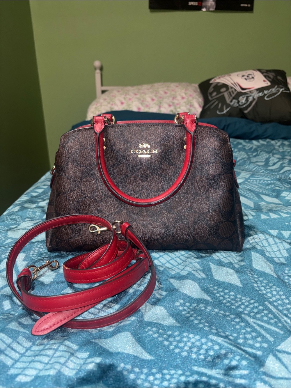 Coach Brown Signature Dome Satchel with Red Trim